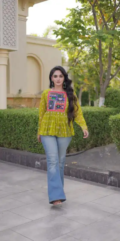 Solid Mehandi Faux Georgette Gamthi Bandhni Work Kurti