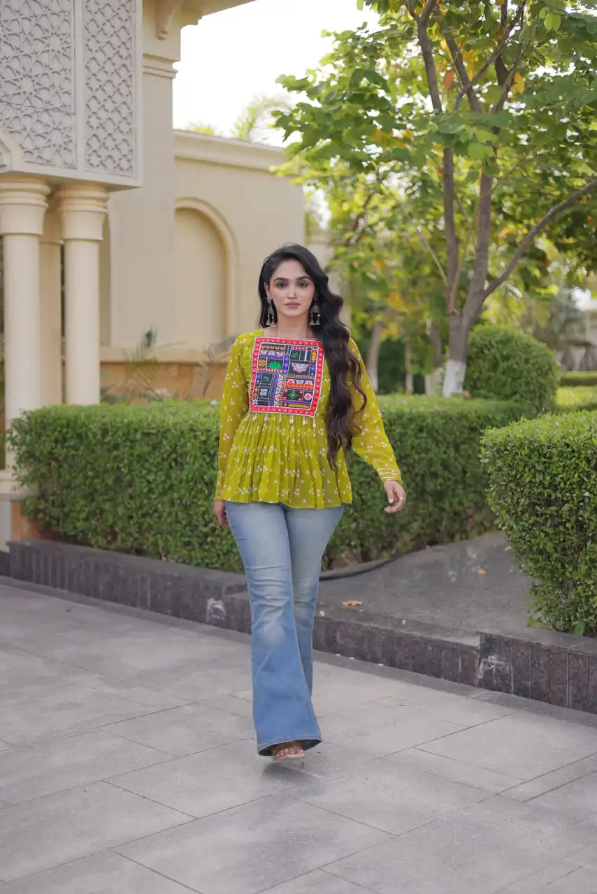 Solid Mehandi Faux Georgette Gamthi Bandhni Work Kurti