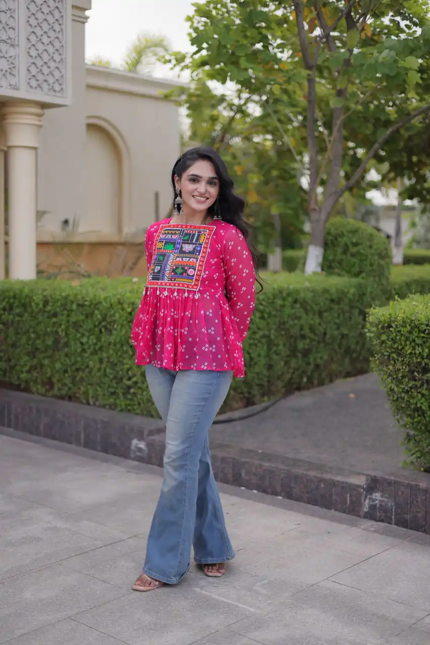 Solid Pink Faux Georgette Gamthi Bandhni Work Kurti