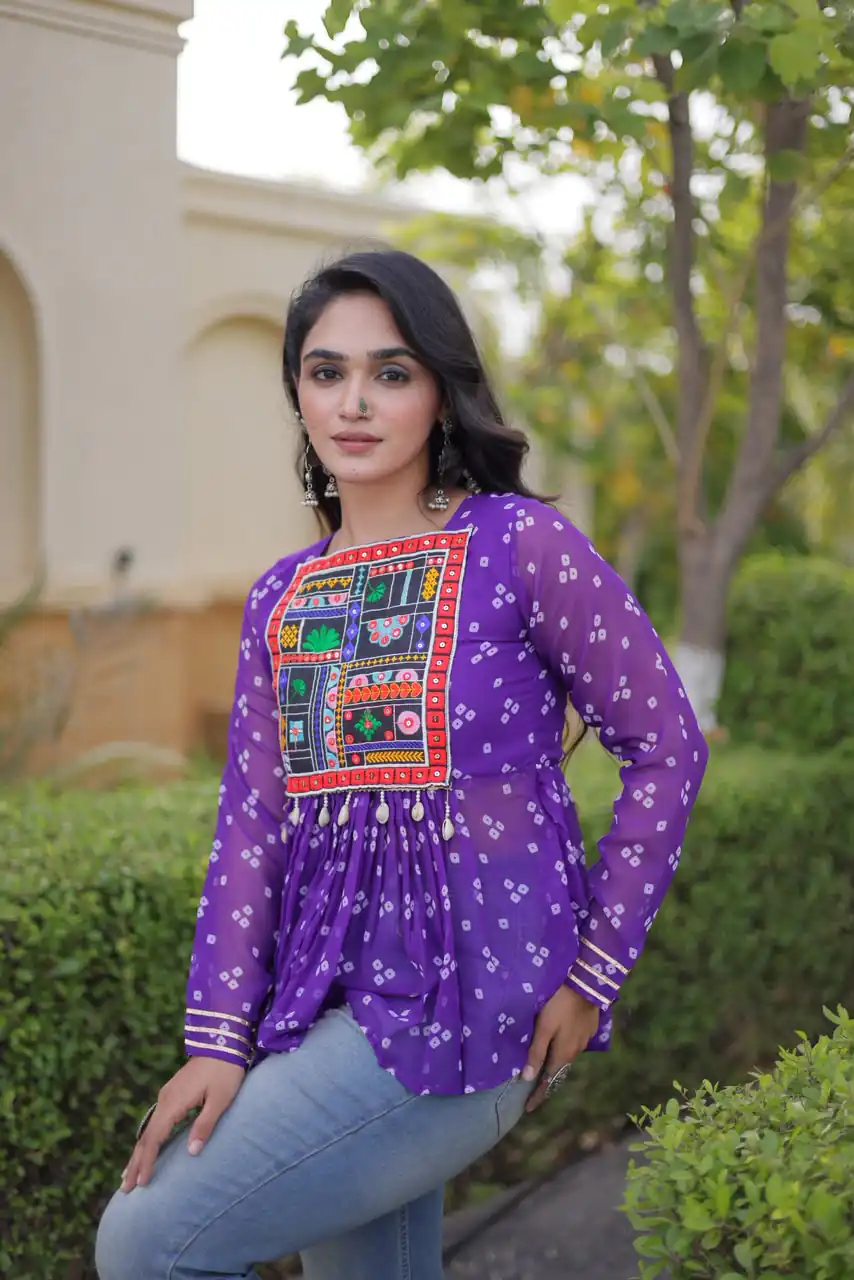 Solid Purple Faux Georgette Gamthi Bandhni Work Kurti