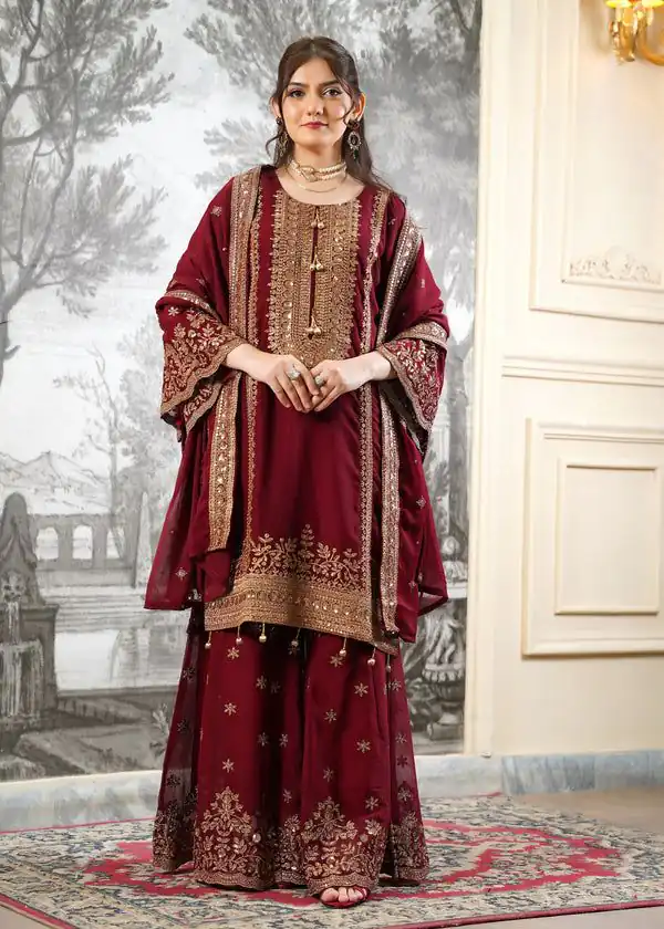 Super Maroon Fendy Silk Sequins Work Salwar Suit