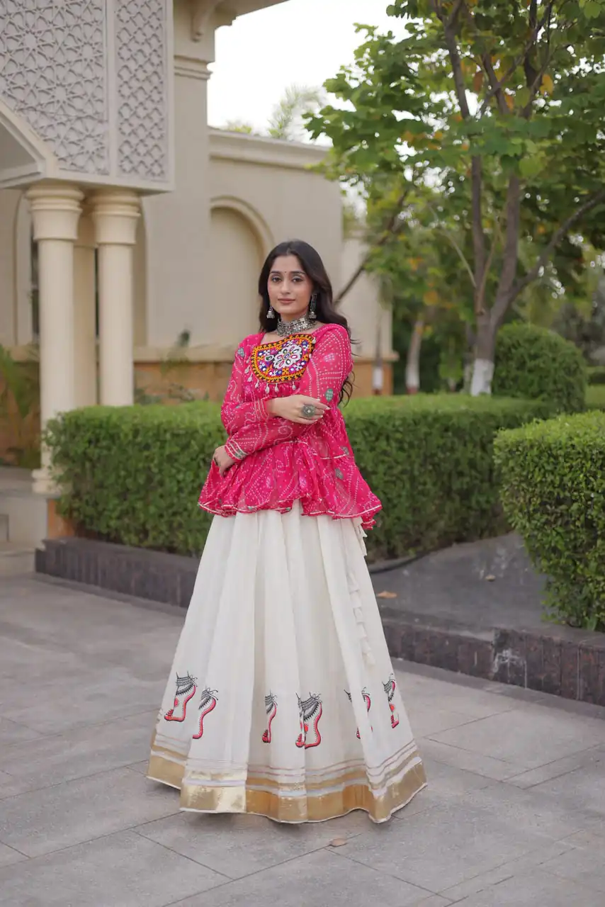 Super Pink Kora Cotton Kutchi Gamthi Work Lehenga Choli