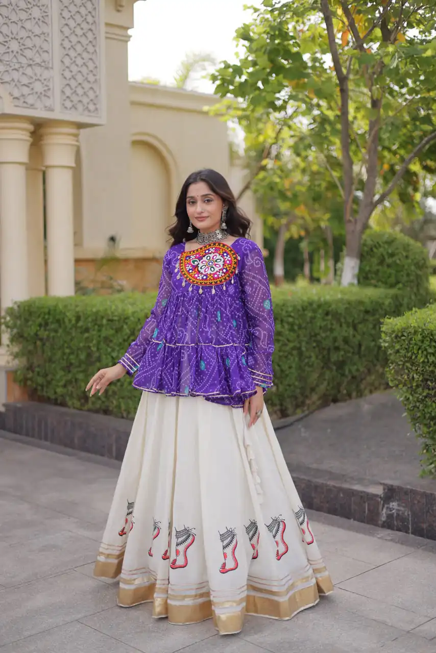 Super Purple Kora Cotton Kutchi Gamthi Work Lehenga Choli