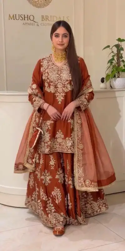 Super Rust Natural Silk Sequins Work Salwar Suit