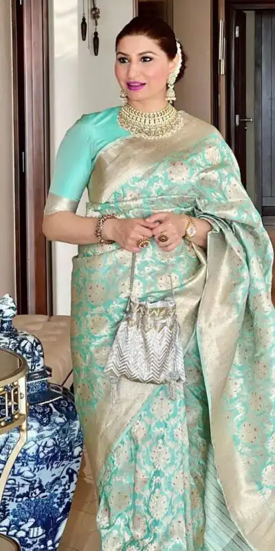Traditional Sea Green Soft Lichi Silk Lace Work Saree