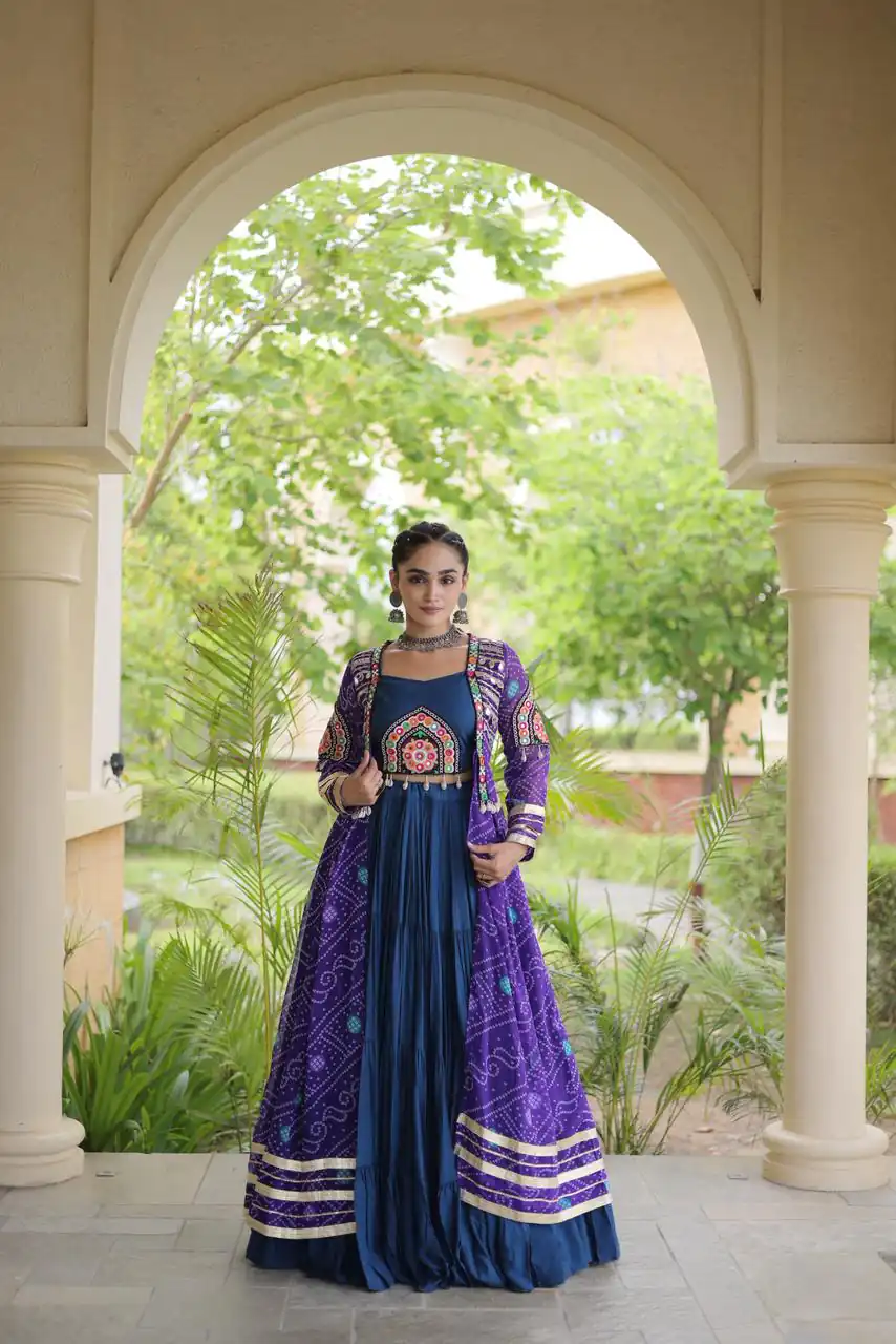 Trendy Navy Blue Rayon Patch Work Work Lehenga Choli