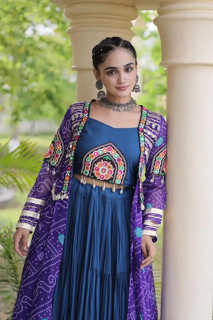 Trendy Navy Blue Rayon Patch Work Work Lehenga Choli