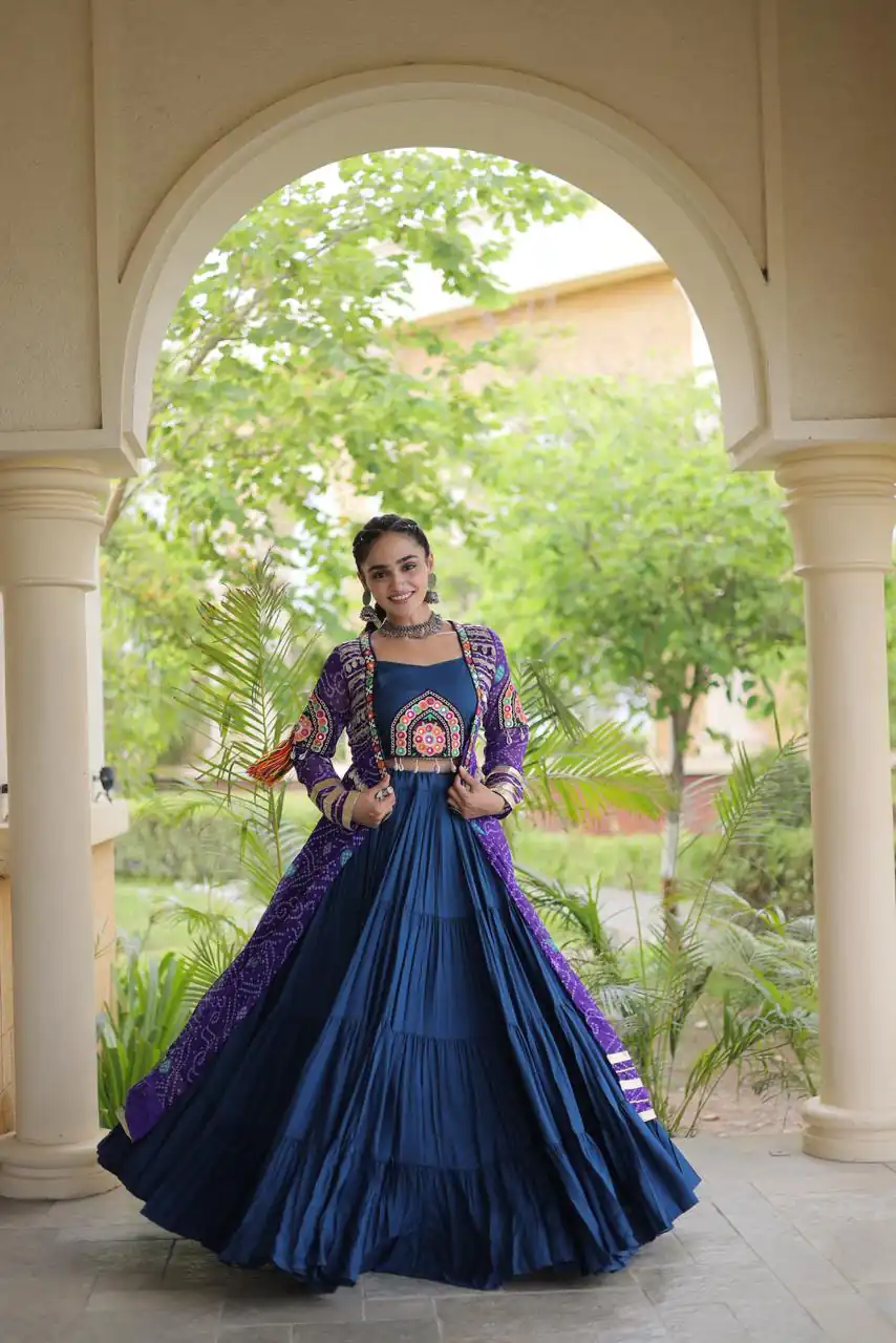 Trendy Navy Blue Rayon Patch Work Work Lehenga Choli
