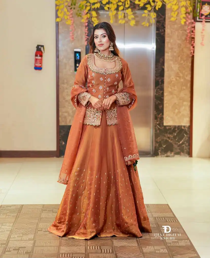 Trendy Peach Simmer Silk Sequins Work Lehenga Choli