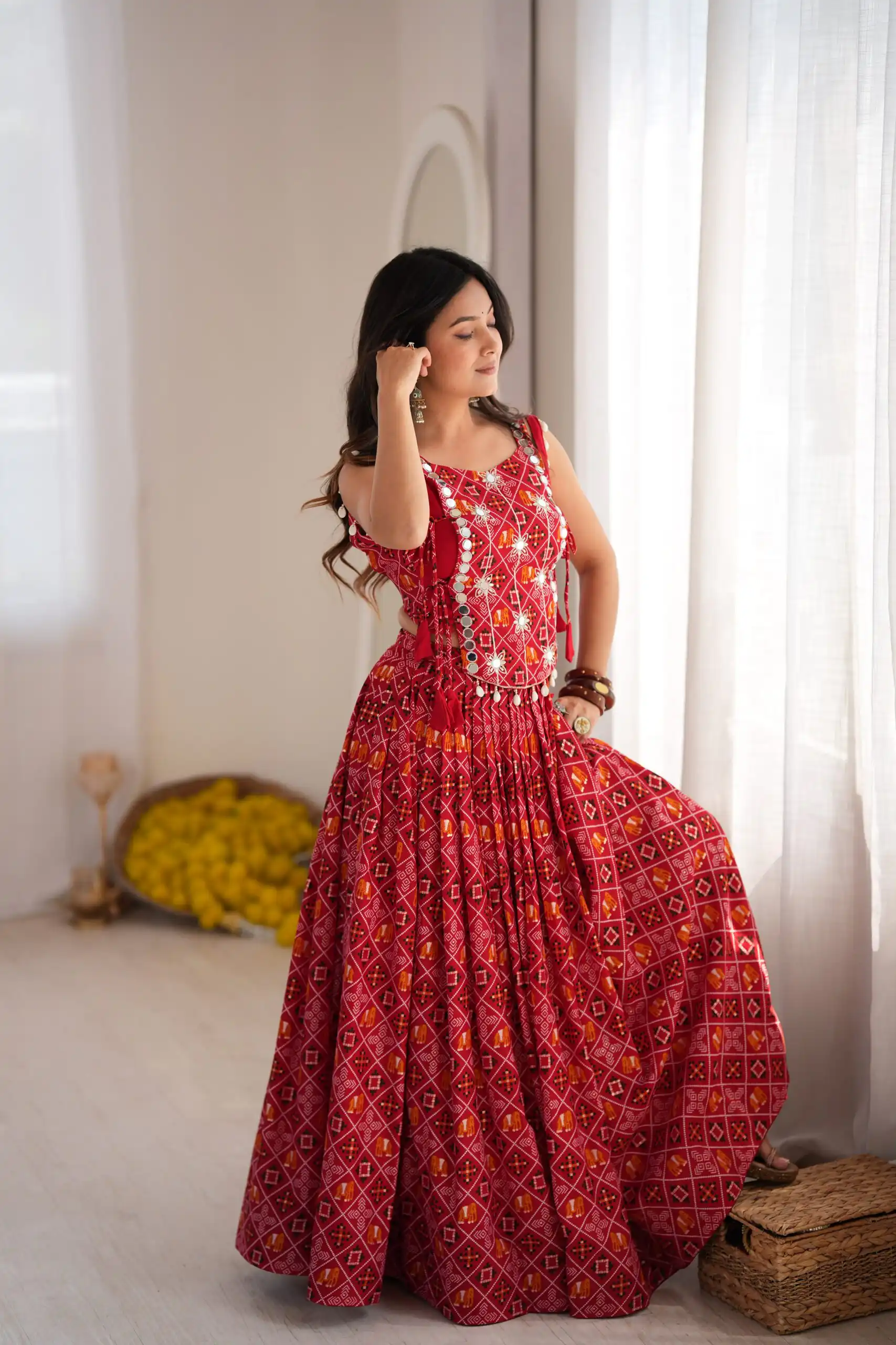 Trendy Red Rayon Digital Print Work Lehenga Choli