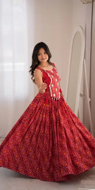 Trendy Red Rayon Digital Print Work Lehenga Choli