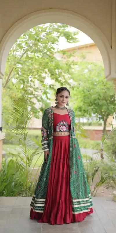 Trendy Red Rayon Patch Work Work Lehenga Choli