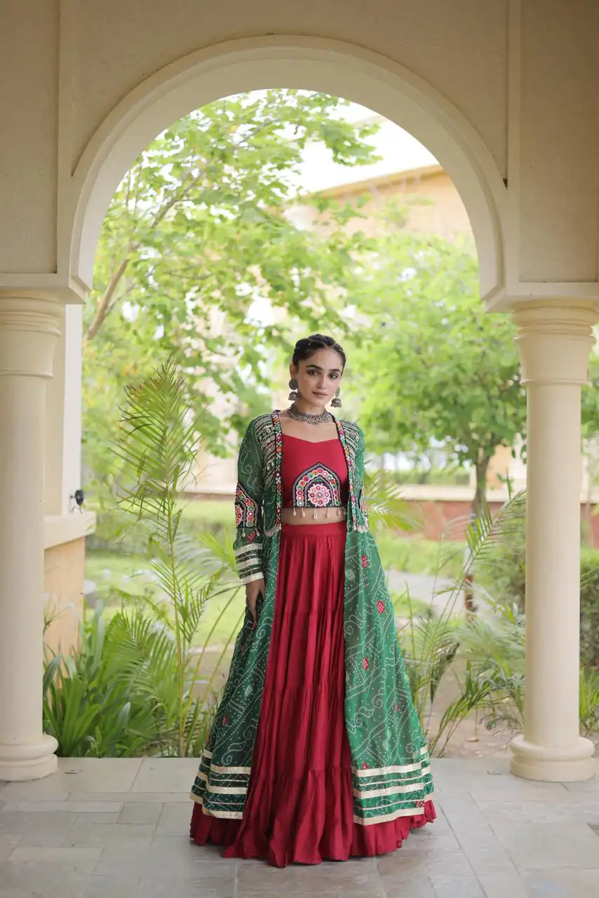 Trendy Red Rayon Patch Work Work Lehenga Choli