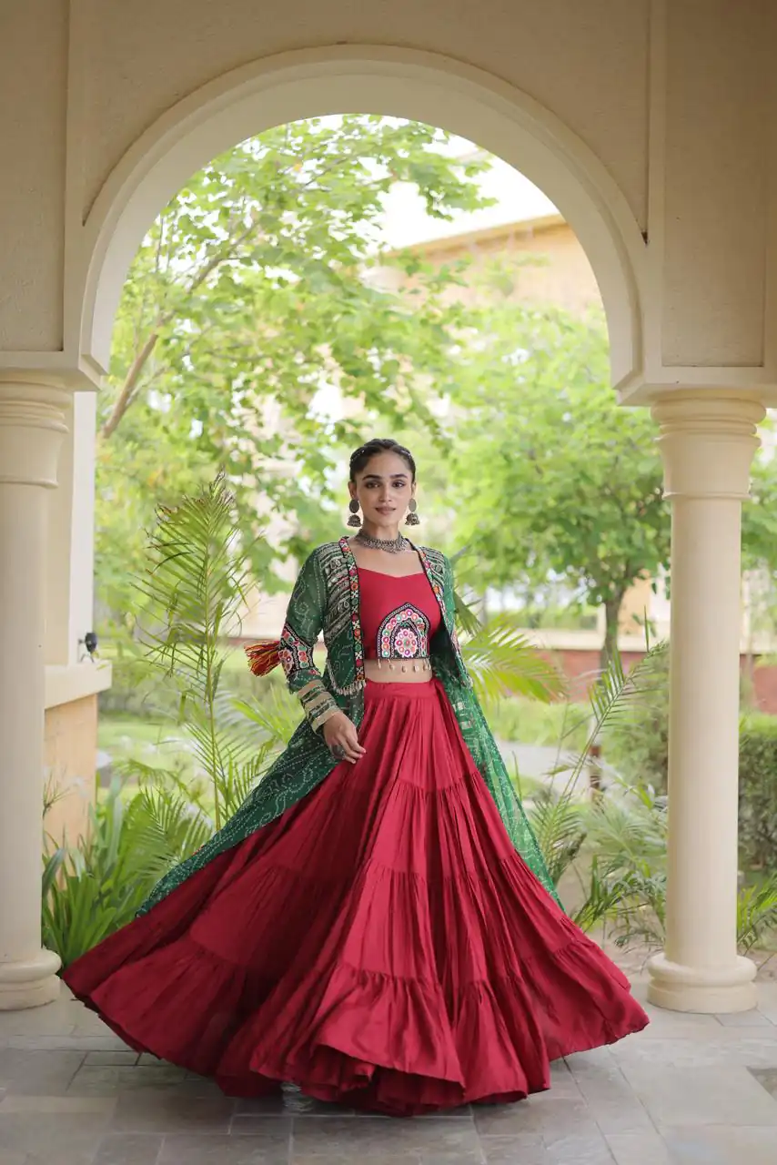 Trendy Red Rayon Patch Work Work Lehenga Choli
