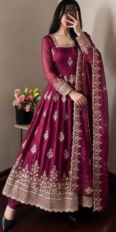Trendy Wine Fendy Silk Embroidery Work Gown