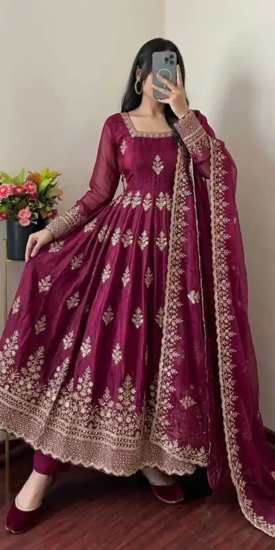 Trendy Wine Fendy Silk Embroidery Work Gown
