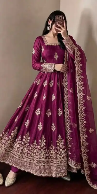Trendy Wine Fendy Silk Embroidery Work Gown