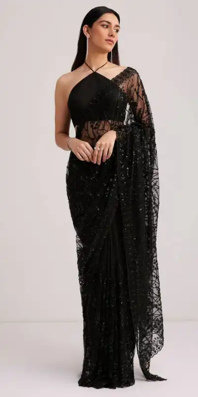 Unique Black Butterfly Net Embroidery Saree