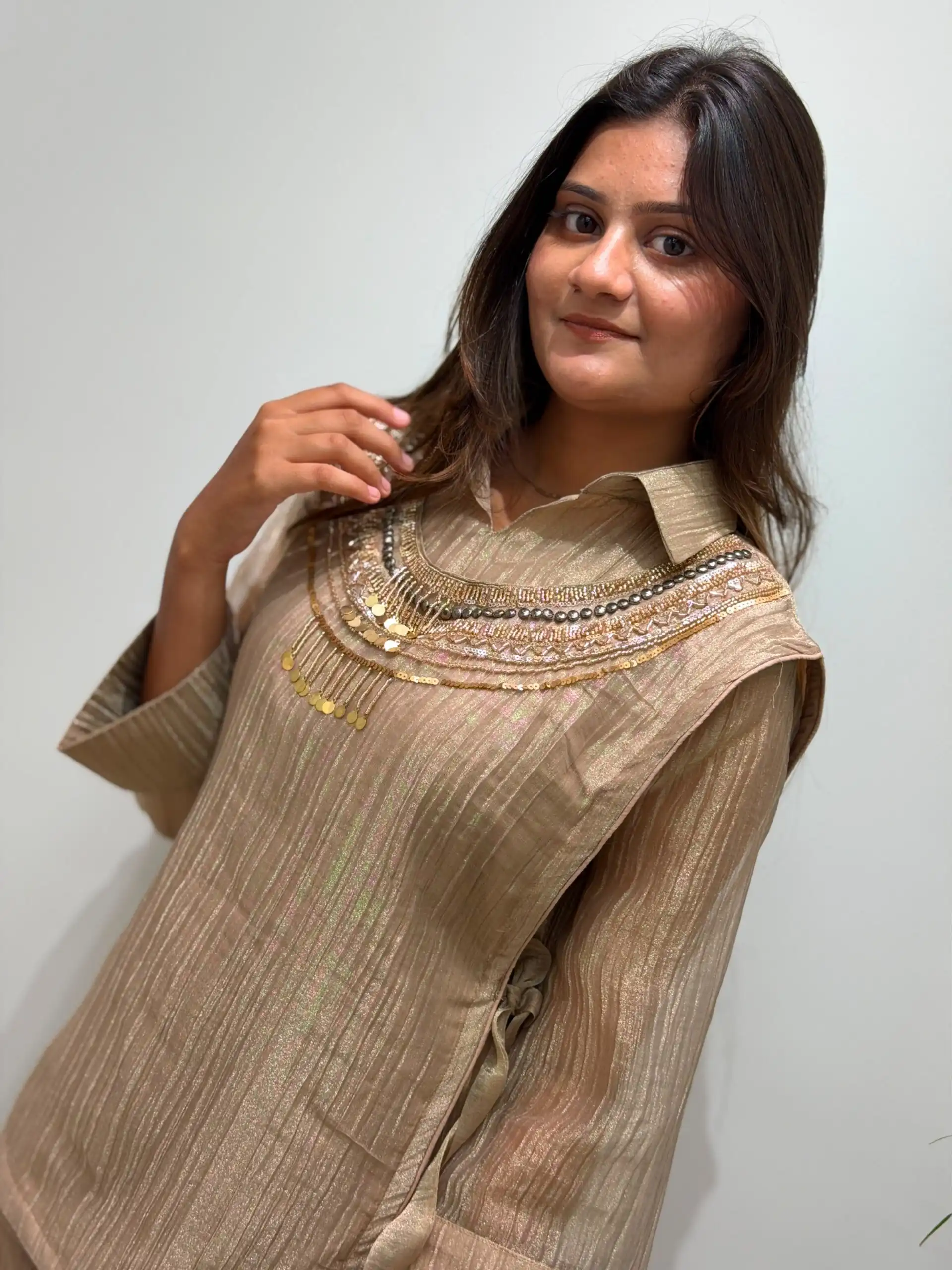 Unique Cream Salsa Silk Hand Work Kurti