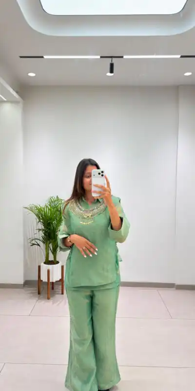 Unique Pista Salsa Silk Butti Hand Work Kurti