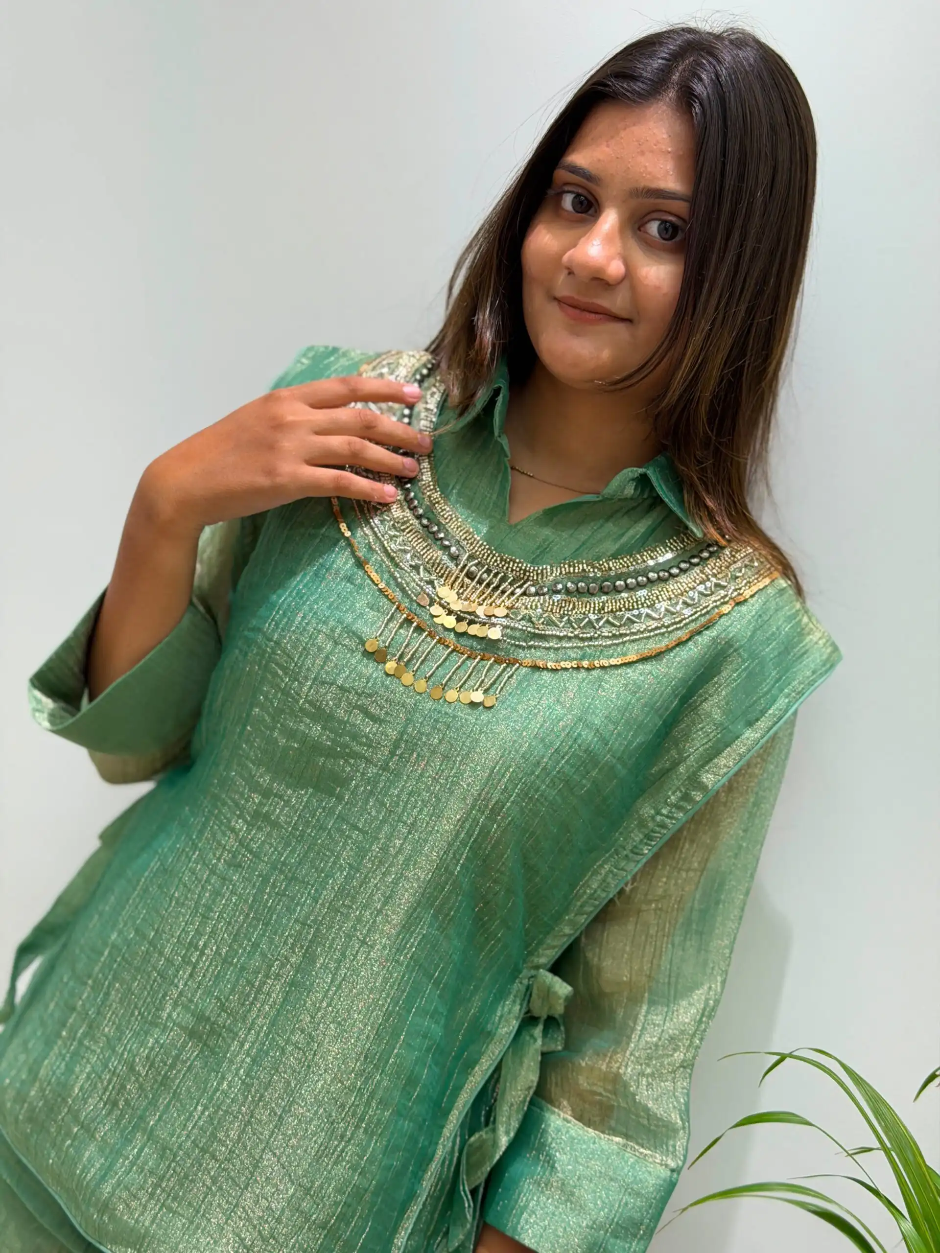 Unique Pista Salsa Silk Butti Hand Work Kurti