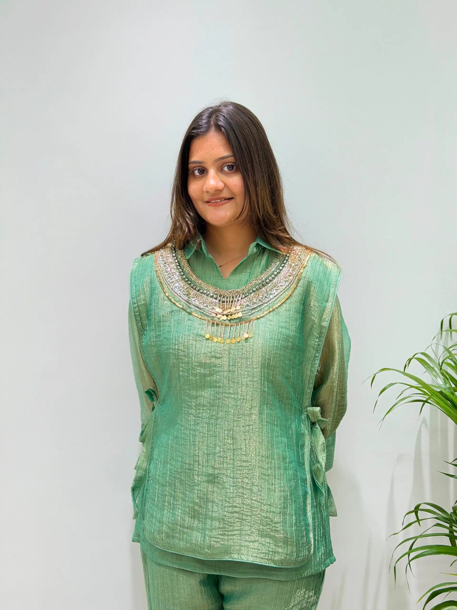 Unique Pista Salsa Silk Butti Hand Work Kurti