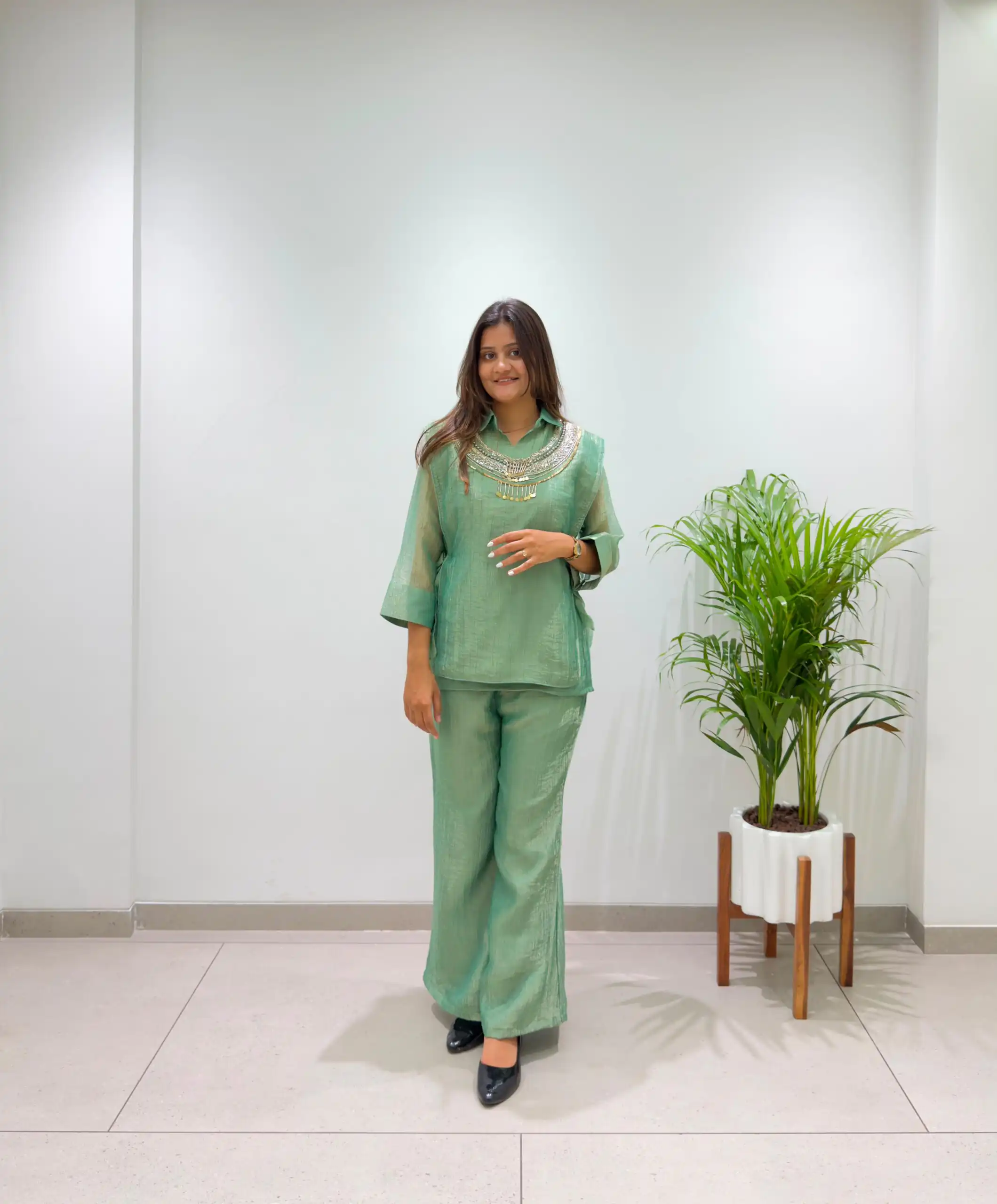 Unique Pista Salsa Silk Butti Hand Work Kurti