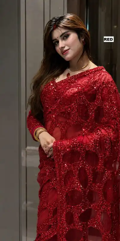Unique Red Butterfly Net Sequence Work Saree