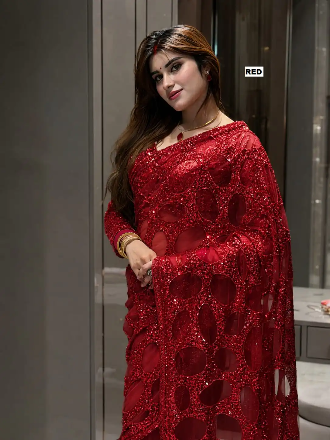 Unique Red Butterfly Net Sequence Work Saree