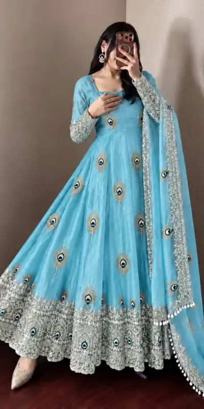 SRK 5372 Blue Fendy Silk Gown with Embroidery Work & Sequins Work. Special Price ₹2799. Delivery 4-6 Working Days. Shop now. | Gowns, Bollywood Gowns, Creative Gowns, Designer Gowns, Embroidered Gowns, Party Wear Gowns