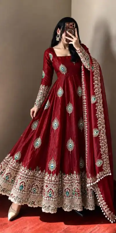 SRK 5372 Maroon Fendy Silk Gown with Embroidery Work & Sequins Work. Special Price ₹2799. Delivery 4-6 Working Days. Shop now. | Gowns, Bollywood Gowns, Creative Gowns, Designer Gowns, Embroidered Gowns, Party Wear Gowns