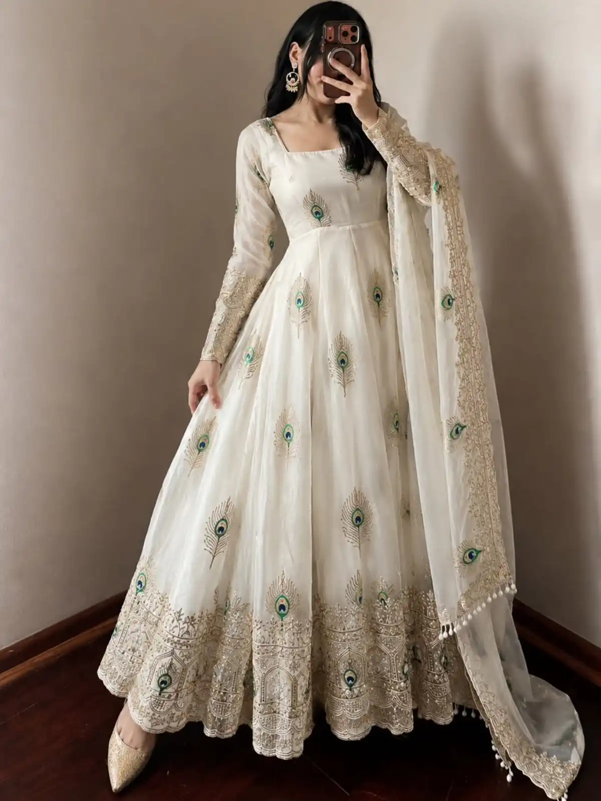 SRK 5372 White Fendy Silk Gown with Embroidery Work & Sequins Work. Special Price ₹2799. Delivery 4-6 Working Days. Shop now. | Gowns, Bollywood Gowns, Creative Gowns, Designer Gowns, Embroidered Gowns, Party Wear Gowns