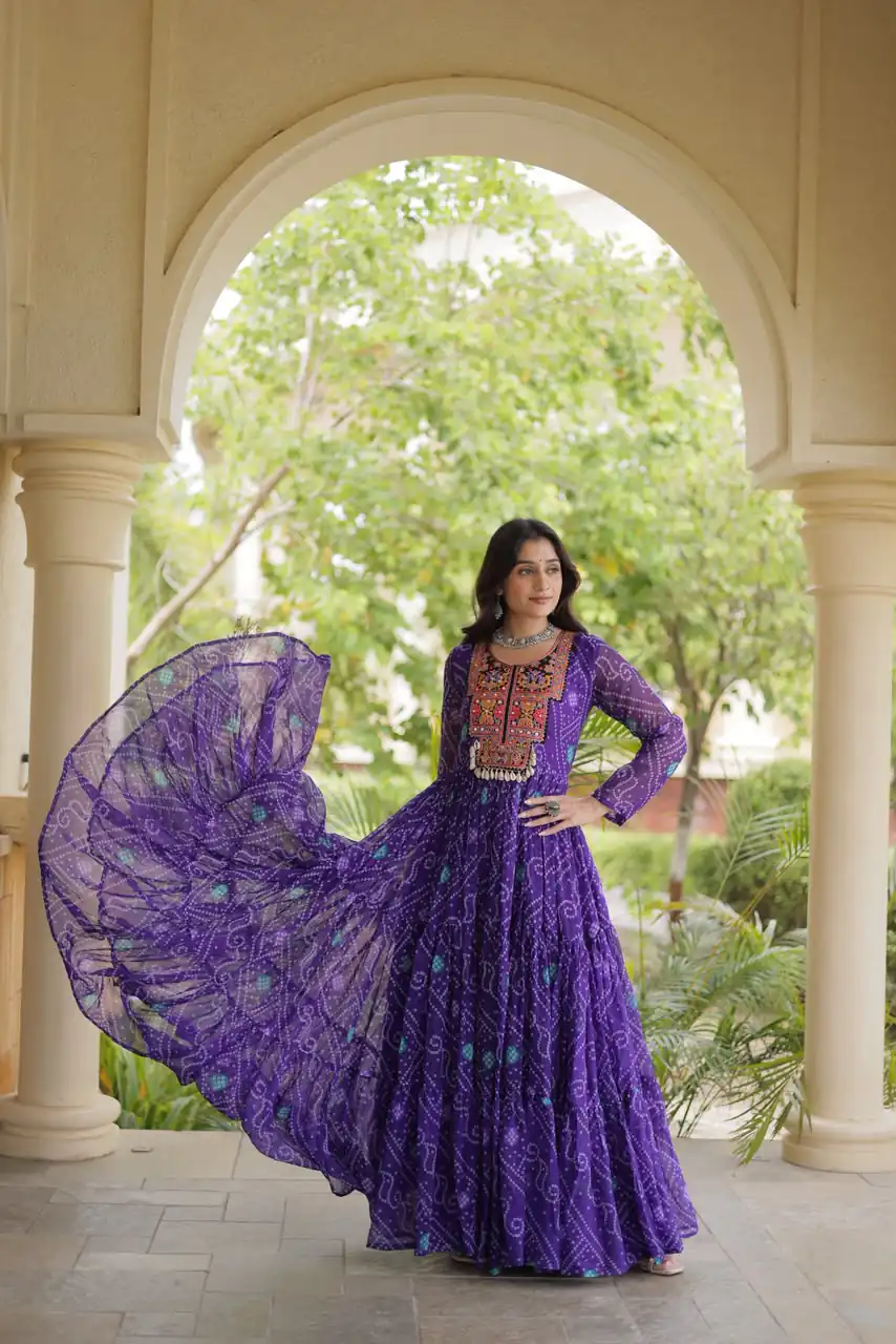 KA 1276 Purple in Colour Faux Georgette Bandhani Print Work Gown. Available at ₹2069 only. Delivery 4-6 Working Days. Shop now. | Gowns, Bollywood Gowns, Creative Gowns, Designer Gowns, Embroidered Gowns, Party Wear Gowns