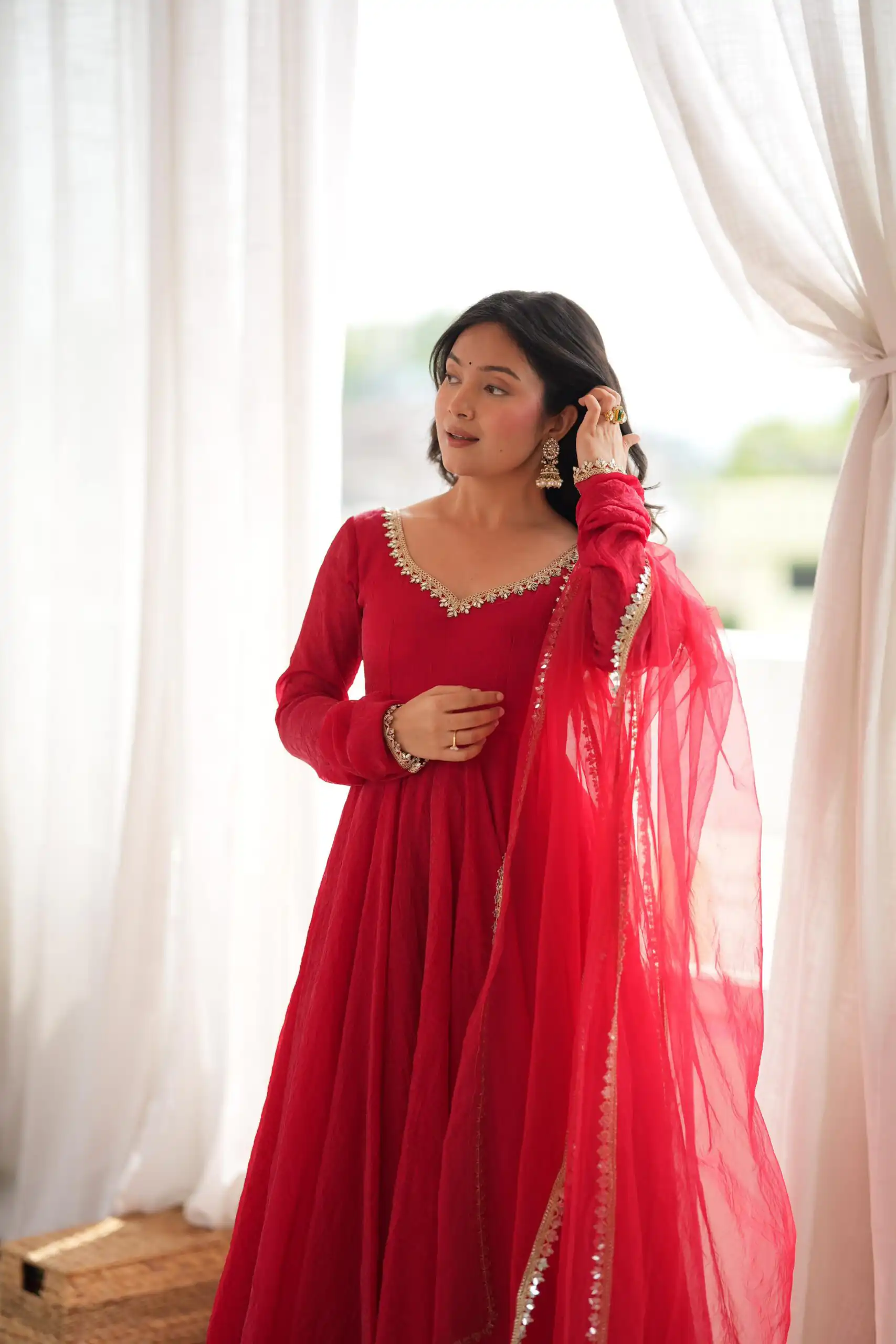 SRK 5355 Red Doremon Crush Gown with Lace Work & Mirror Work. Exclusive Offer ₹2099. Delivery 4-6 Working Days. Shop now. | Gowns, Bollywood Gowns, Creative Gowns, Designer Gowns, Embroidered Gowns, Party Wear Gowns