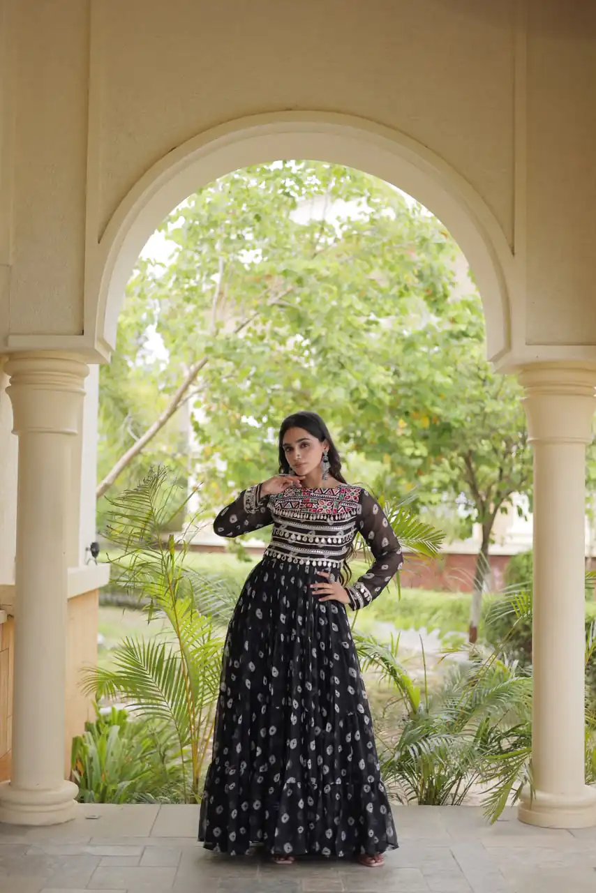 KA 1277 Black in Colour Faux Georgette Bandhani Print Work Gown. Available at ₹2119 only. Delivery 4-6 Working Days. Shop now. | Gowns, Bollywood Gowns, Creative Gowns, Designer Gowns, Embroidered Gowns, Party Wear Gowns