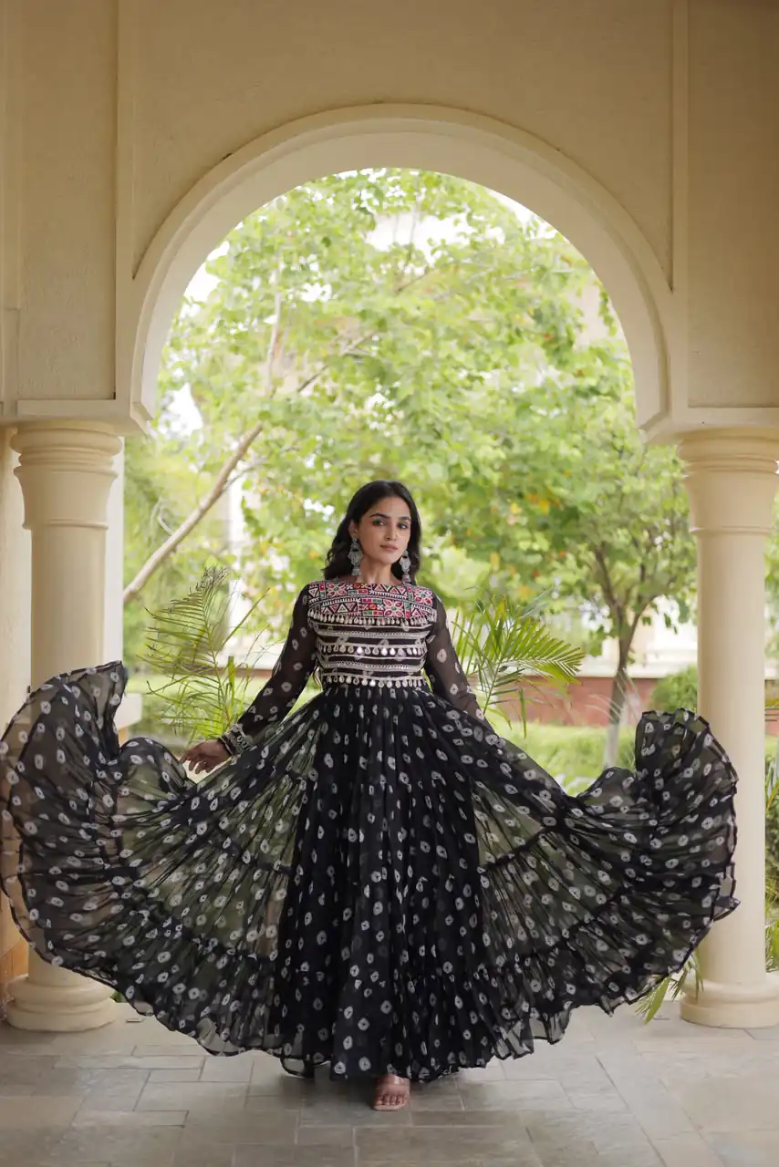 KA 1277 Black in Colour Faux Georgette Bandhani Print Work Gown. Available at ₹2119 only. Delivery 4-6 Working Days. Shop now. | Gowns, Bollywood Gowns, Creative Gowns, Designer Gowns, Embroidered Gowns, Party Wear Gowns