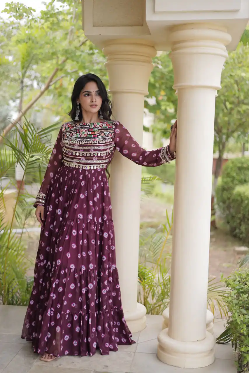 KA 1277 Wine in Colour Faux Georgette Bandhani Print Work Gown. Available at ₹2119 only. Delivery 4-6 Working Days. Shop now. | Gowns, Bollywood Gowns, Creative Gowns, Designer Gowns, Embroidered Gowns, Party Wear Gowns