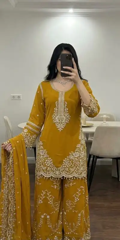 ZSR 3187 Yellow Faux Georgette Salwar Suit with Mirror Work & Embroidery Work. Get it for ₹2349. Delivery 4-6 Working Days. Shop now. | Jump Suits, Salwar suit, Casual Suits, Creative suits, Designer Suits, Palazzo Suits, Party Wear Suits, Patiala Suits, Straight Suits