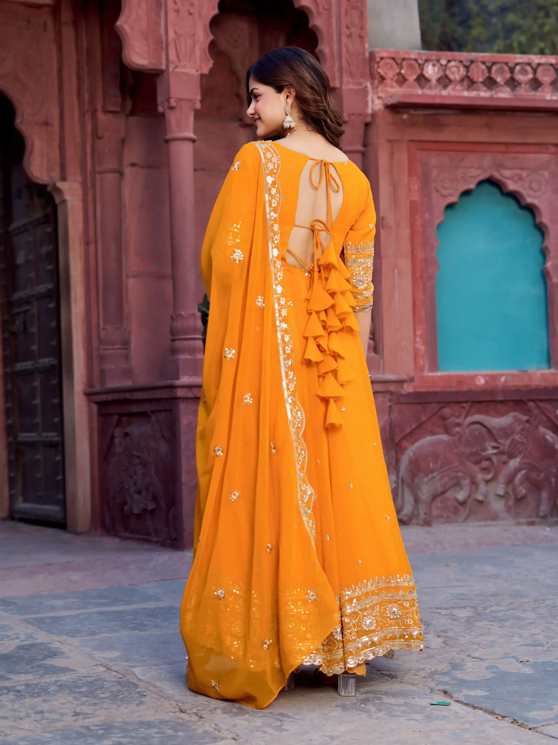 SP 23 Yellow Faux Georgette Gown with Mirror Work & Embroidery Work. Get it for ₹2299. Delivery 4-6 Working Days. Online Shop now. | Gowns, Bollywood Gowns, Creative Gowns, Designer Gowns, Embroidered Gowns, Party Wear Gowns
