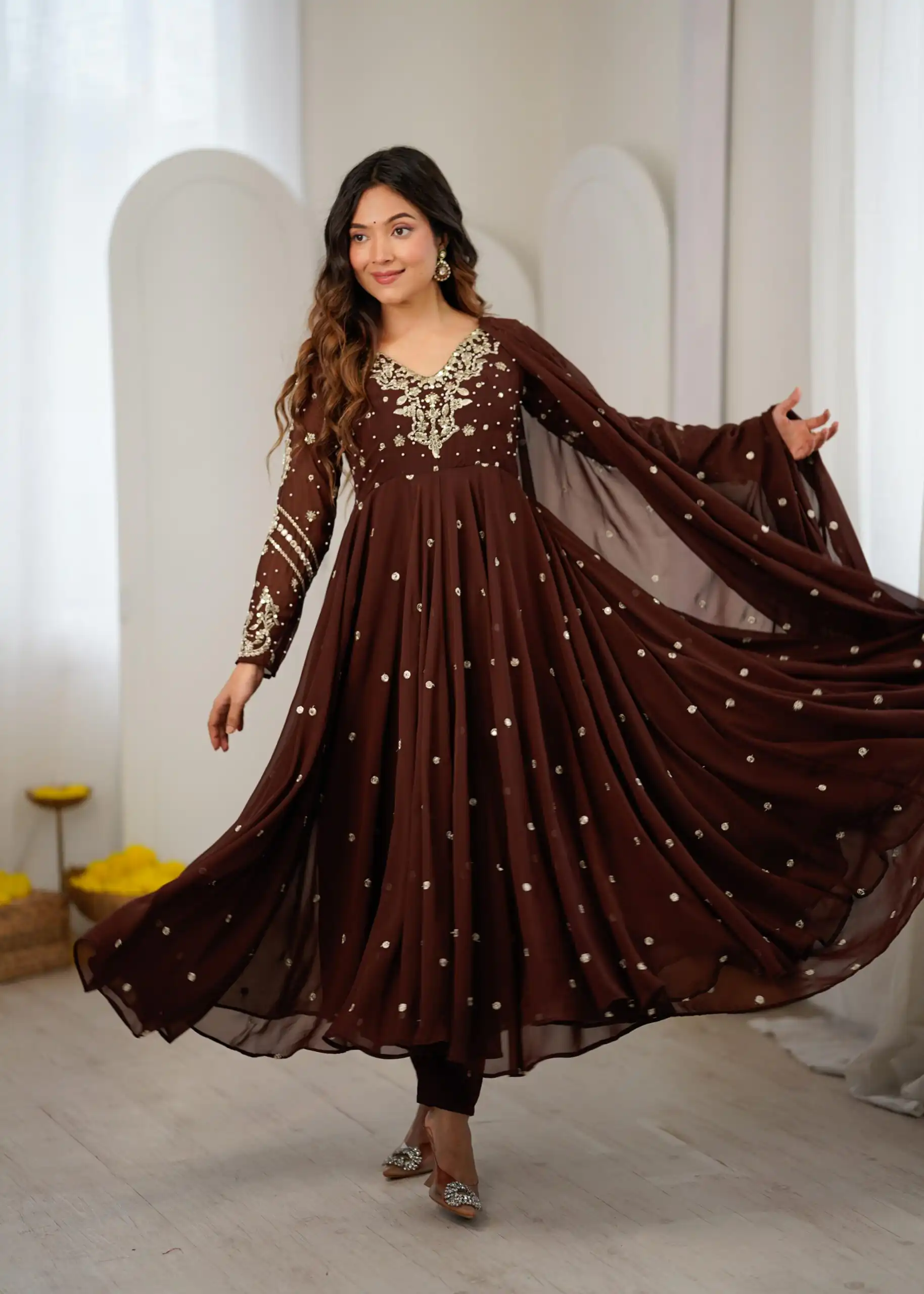 JF 056 Brown Faux Georgette Salwar Suit with Mirror Work & Embroidery Work. Get it for ₹2349. Delivery 4-6 Working Days. Shop now. | Jump Suits, Salwar suit, Casual Suits, Creative suits, Designer Suits, Palazzo Suits, Party Wear Suits, Patiala Suits, Straight Suits