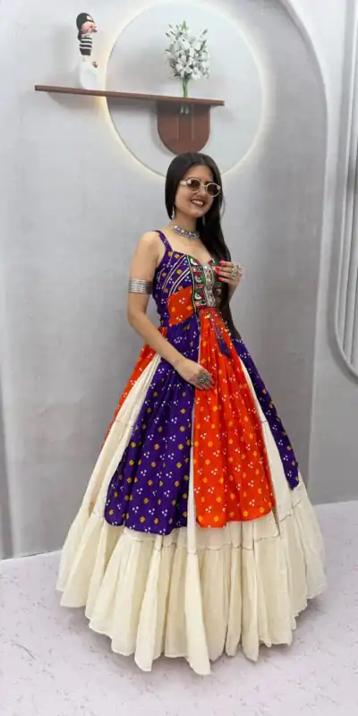 PC 604 Orange Khadi Cotton Lehenga Choli with Bandhej Print & Mirror Work. Festive Deal ₹3049. Delivery 4-6 Working Days. Shop now. | Lehenga, Bollywood Lehenga, Creative Lehenga, Designer Lehenga, Embroidered Lehenga, Party Wear Lehenga