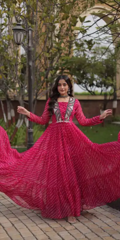 KA 1274 Pink in Colour Faux Georgette Bandhani Print Work Gown. Available at ₹2019 only. Delivery 4-6 Working Days. Shop now. | Gowns, Bollywood Gowns, Creative Gowns, Designer Gowns, Embroidered Gowns, Party Wear Gowns