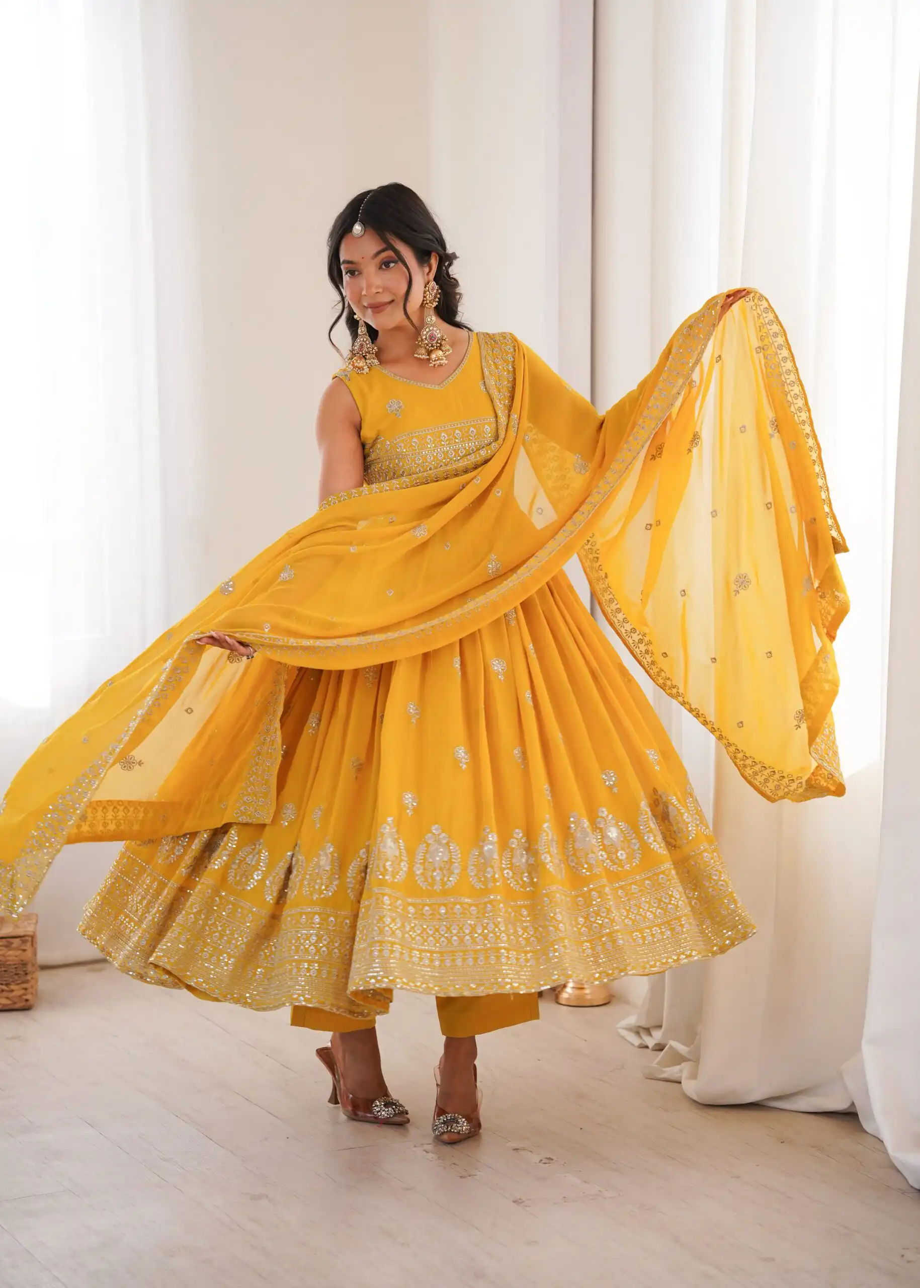 SP 91 Yellow| Faux Georgette Salwar Suit with Lace Work & Digital Print. Introductory Price ₹2799. Delivery 4-6 Working Days. Shop now. | Anarkali Suits, Bollywood Anarkali, Creative-Anarkali, Designer Anarkali, Embroidered Anarkali, Party Wear Anarkali