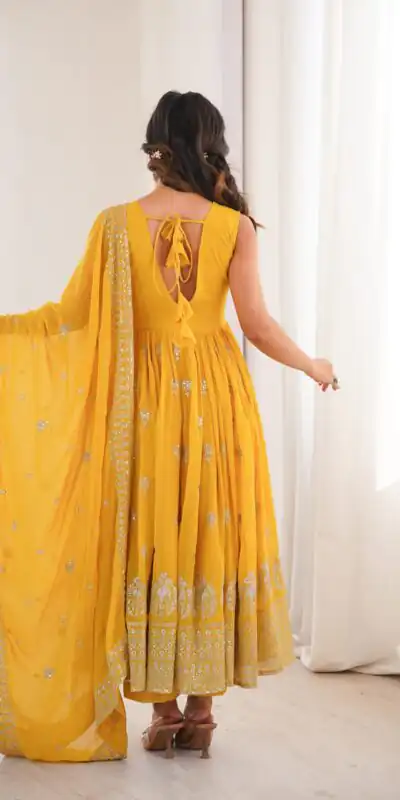SP 91 Yellow| Faux Georgette Salwar Suit with Lace Work & Digital Print. Introductory Price ₹2799. Delivery 4-6 Working Days. Shop now. | Anarkali Suits, Bollywood Anarkali, Creative-Anarkali, Designer Anarkali, Embroidered Anarkali, Party Wear Anarkali