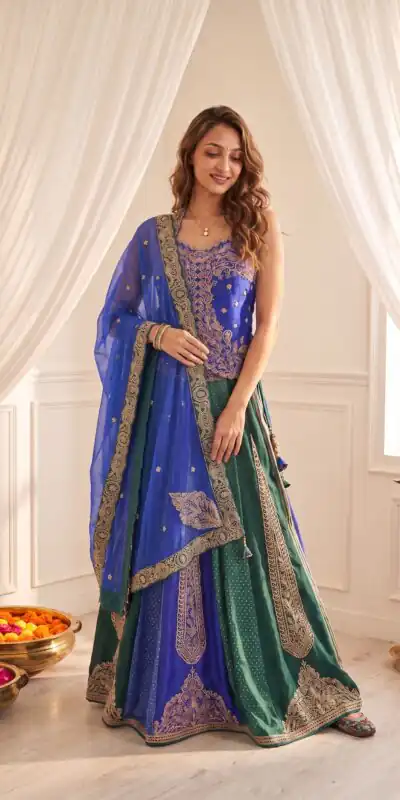 Aglow Blue Chinon Silk Multi Thread Work Lehenga Choli
