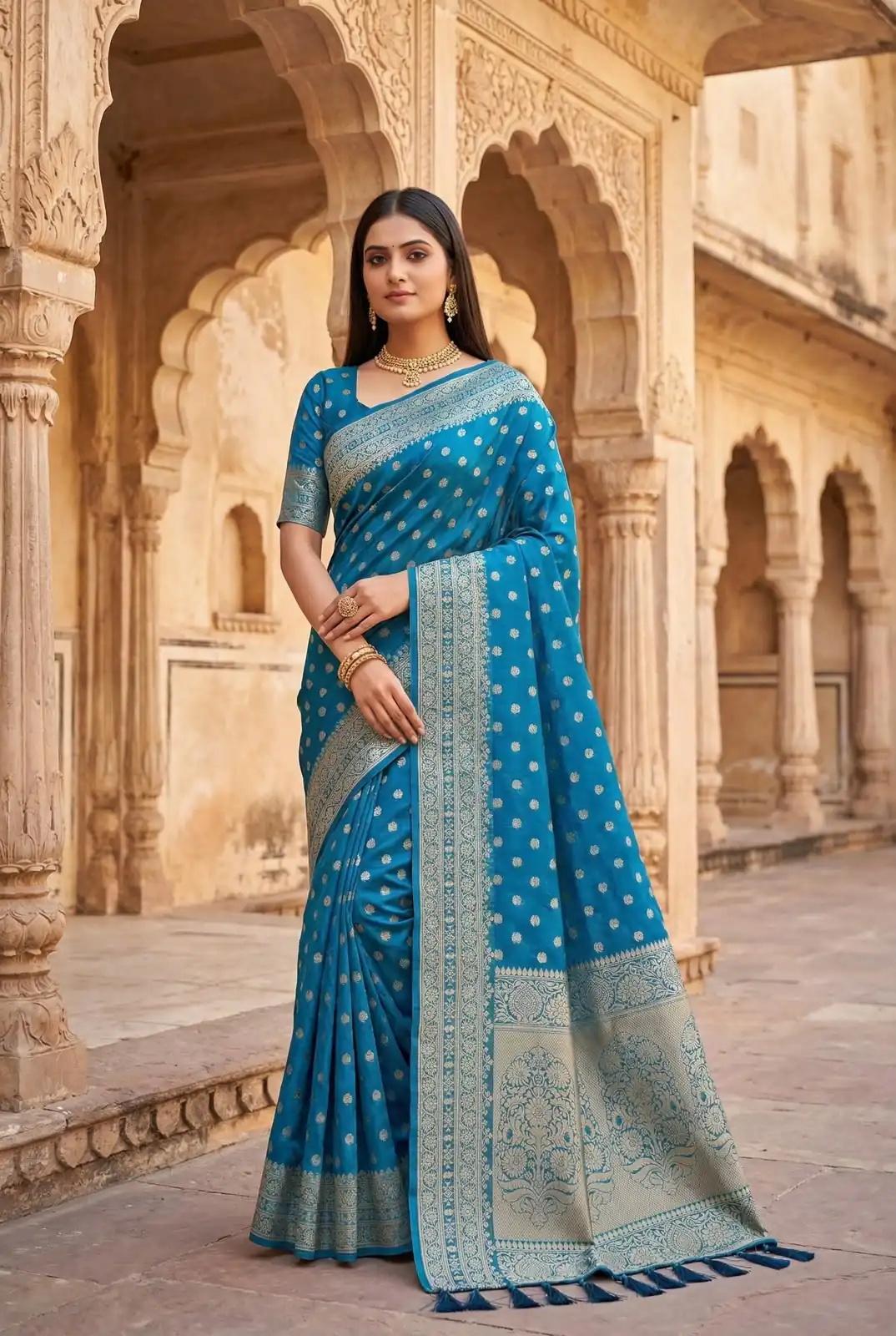 Aglow Blue Viscose Dolla Silk Meenakari Zari Work Saree