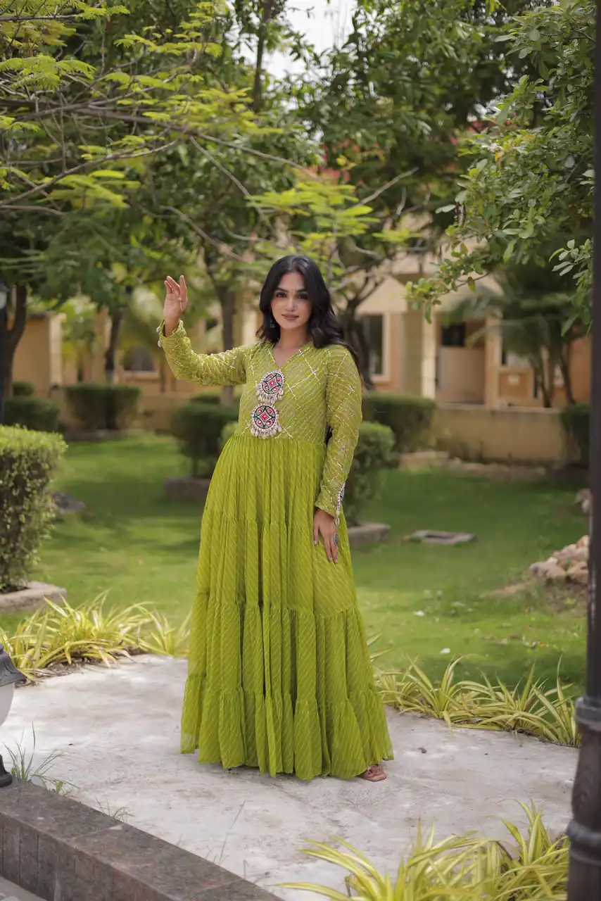 Aglow Green Faux Georgette Patch Work Gown