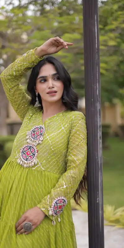 Aglow Green Faux Georgette Patch Work Gown