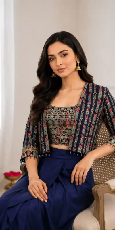 Aglow Navy Blue Chinon Silk Sequence Work Lehenga Choli
