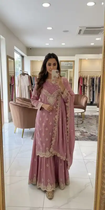 Aglow Pink Chinon Embroider Work Salwar Suit